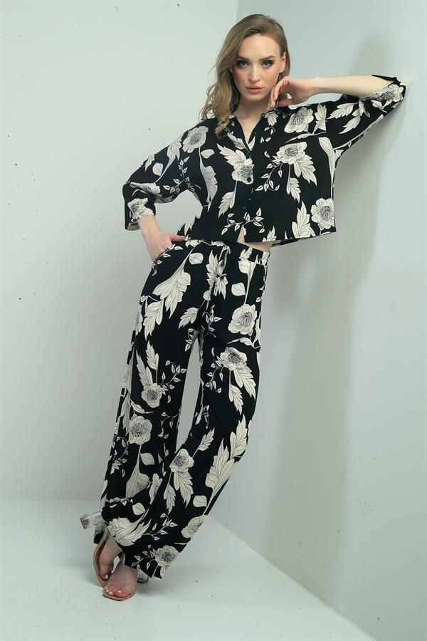 Women's Floral Print Long-Sleeve Shirt Two-Piece Set with Elastic Waist and Drawstring