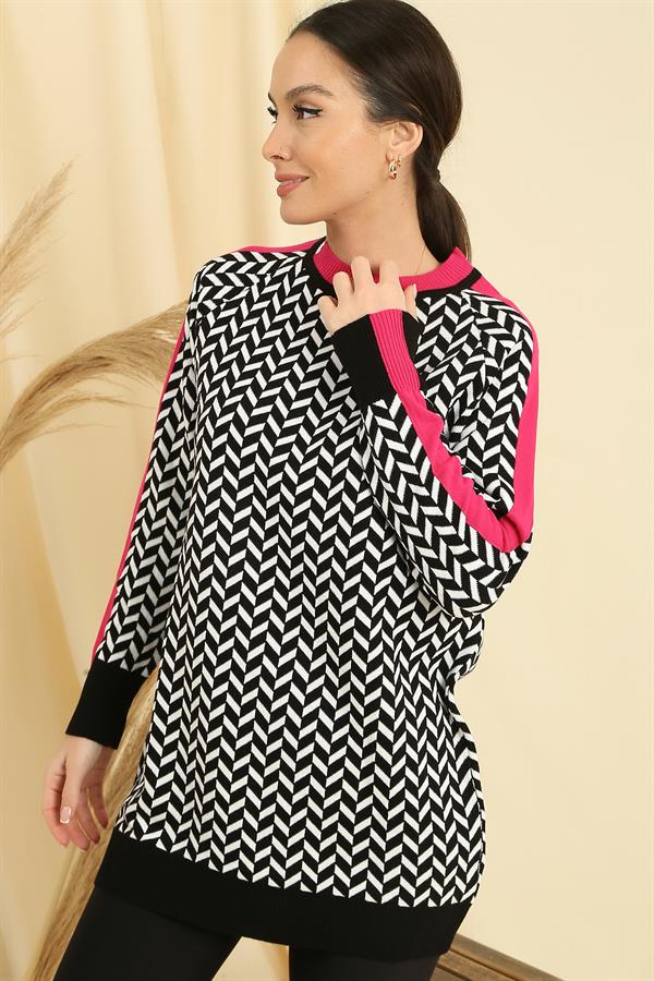 Zigzag Pattern Collar and Sleeve Cuff Striped Relaxed Fit Knitted Tunic