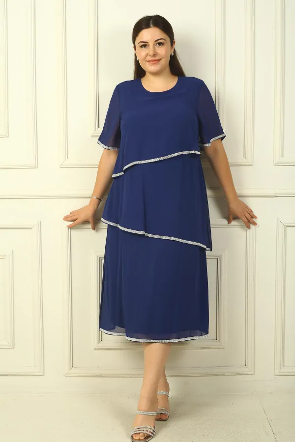 Women's Plus Size Dress with Stone Embellishments, Lined, Short Sleeves, and Three Layers of Chiffon.