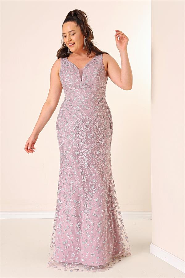 Front and Back V-Neck Lined Embellished Plus Size Long Mermaid Dress