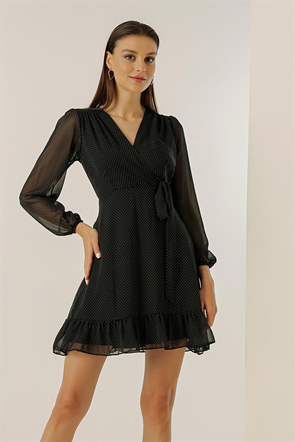 Wrap Neckline Polka Dot Side Tie Lined Short Chiffon Dress