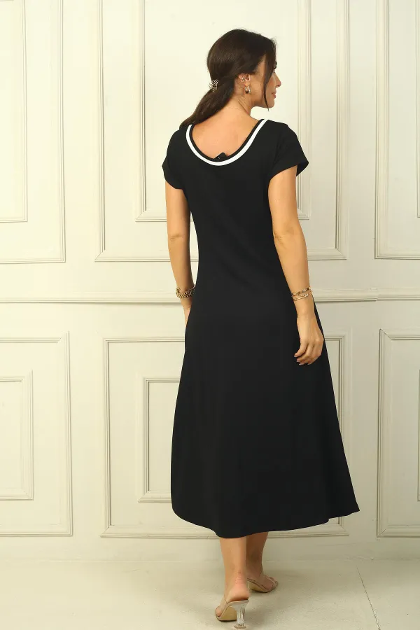 Women's Long Slit Plunge Dress with Piping