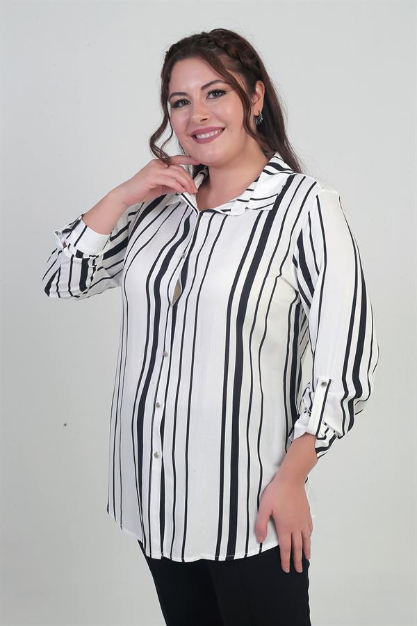 Chemise grande taille pour femme avec manches retroussables et rayures verticales