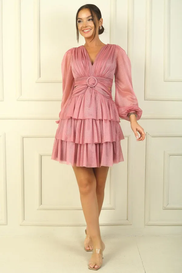 V Yaka Arkası Bağcıklı Bel Dekolteli Kat Kat Simli Elbise