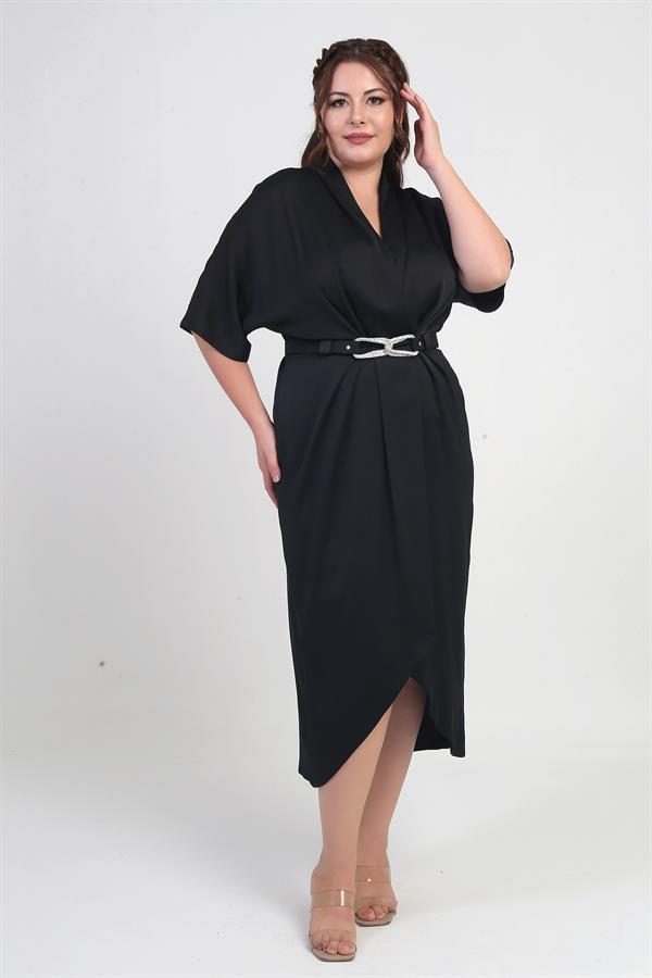 Women's Wrap Neck Short Batwing Sleeve Double Pleated Crepe Satin Plus Size Midi Designer Dress