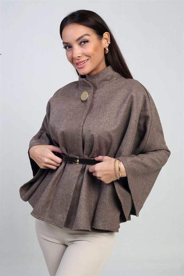Kadın Tek Düğmeli Beli Kemerli Kaşe Panço