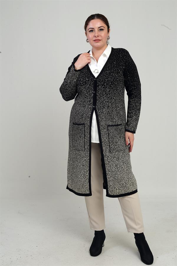 Kadın Karyağdı Desen Cepli Büyük Beden Triko Uzun Hırka