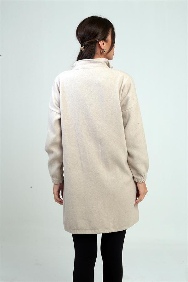 Manteau long en cachemire pour femme avec fermeture éclair sur le devant et poches élastiquées