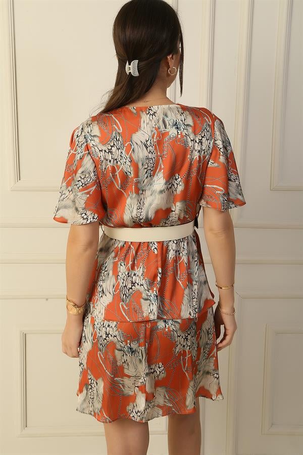 Wrap Neckline Assorted Leopard Print Layered Skirt Belted Satin Dress