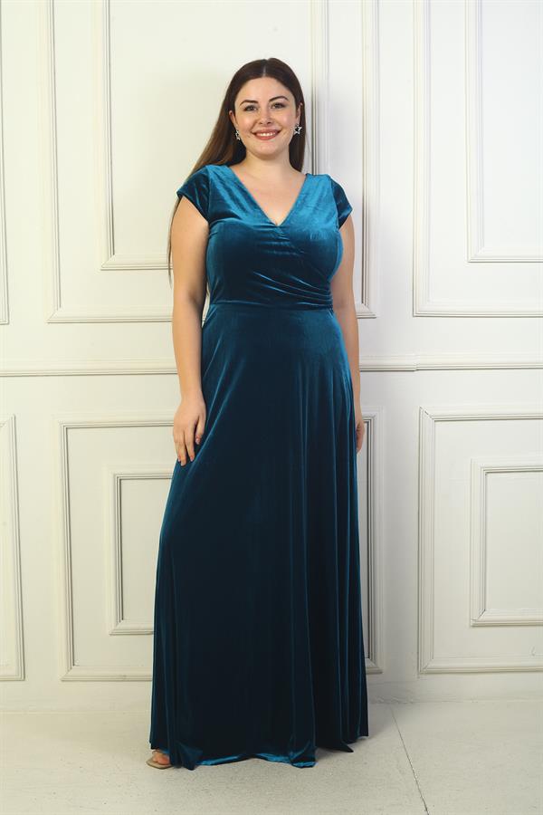 Robe longue en velours grande taille pour femme, avec décolleté en V devant et dos, fronces latérales et manches demi-lune.
