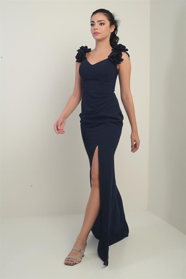 Women's Madonna Neckline Long Dress with Floral Detail and Draped Front