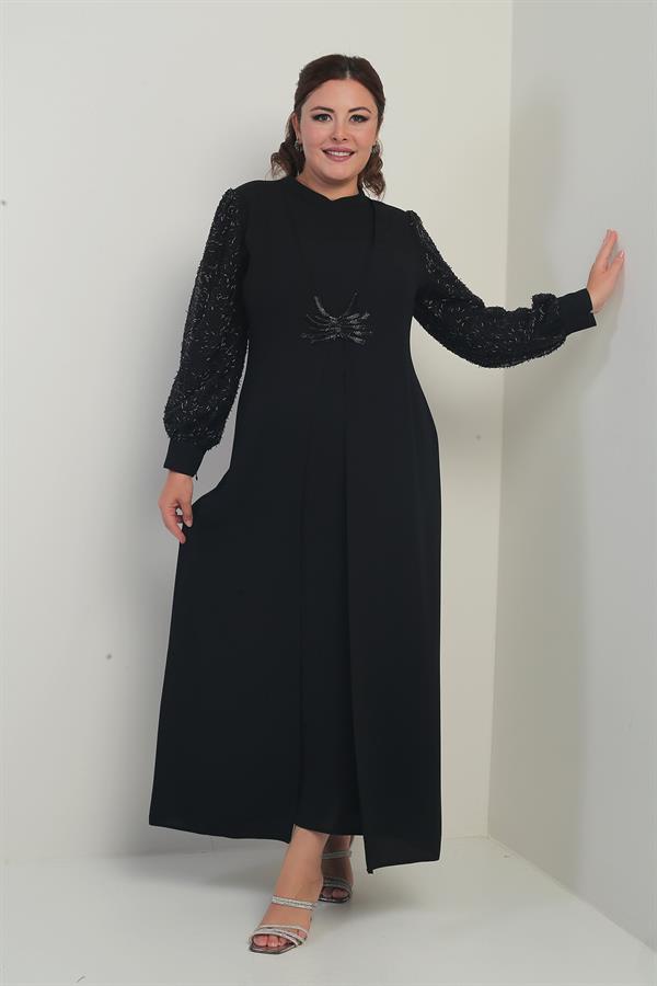 Kadın Kolu Ve Önü Pullu Büyük Beden Uzun Tesettür Elbise