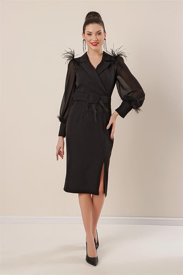 Wrap-neck, belted waist, front slit, chiffon sleeves with cuffs and feather detail, crepe dress.