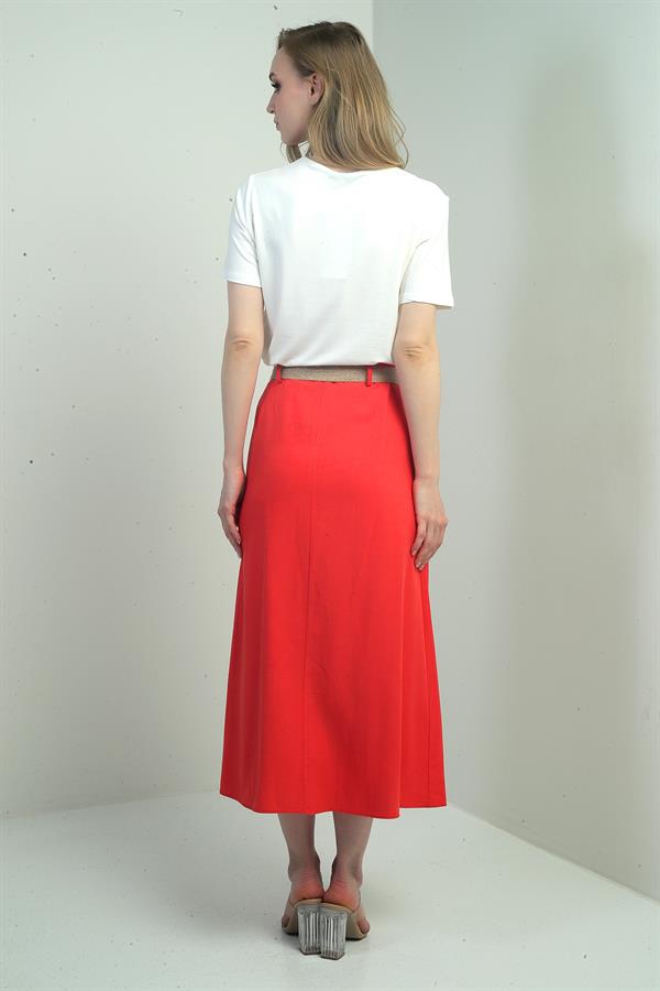 Women's Long, Loose Skirt with Belted Waist, Back Zipper, and Front Slit