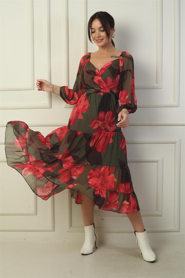 Madonna Neckline Lined Cross-Tie Floral Wrap Chiffon Dress
