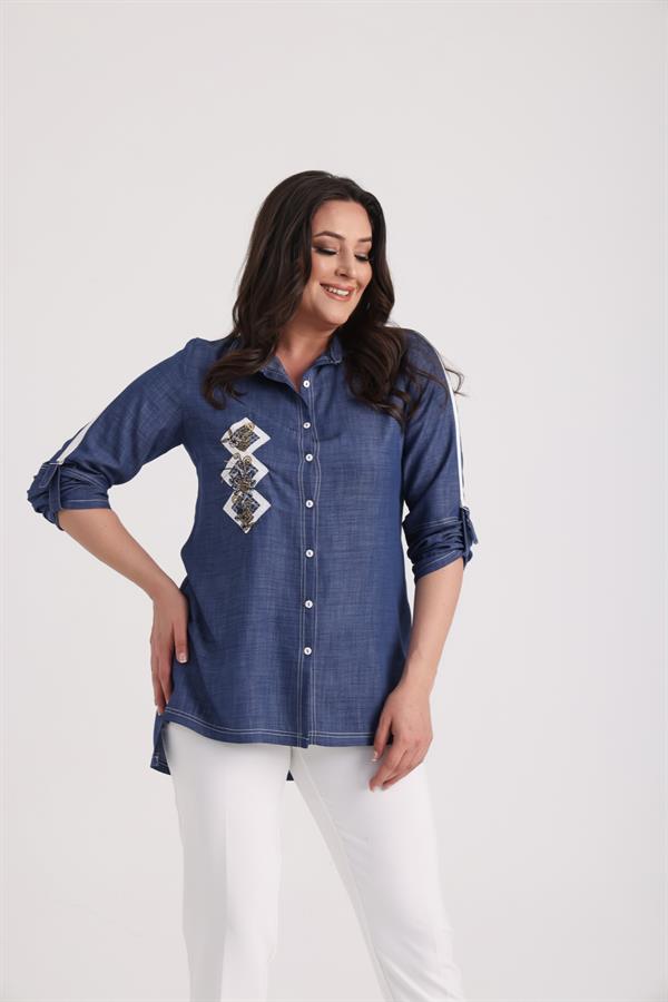 Women's Plus Size Lyocell Shirt with Embroidered Appliqué Front and D-Buckle