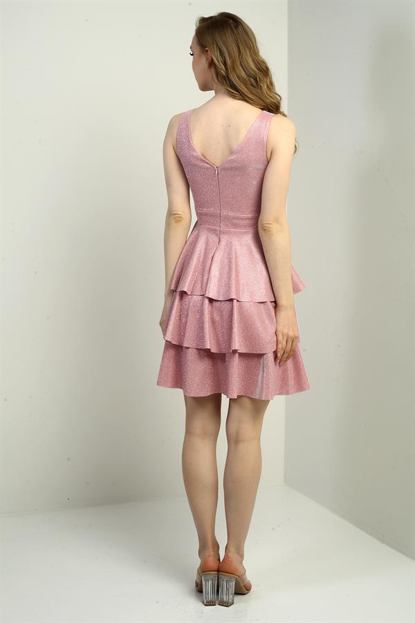 Ön Arka V Yaka Simli Katlı Elbise