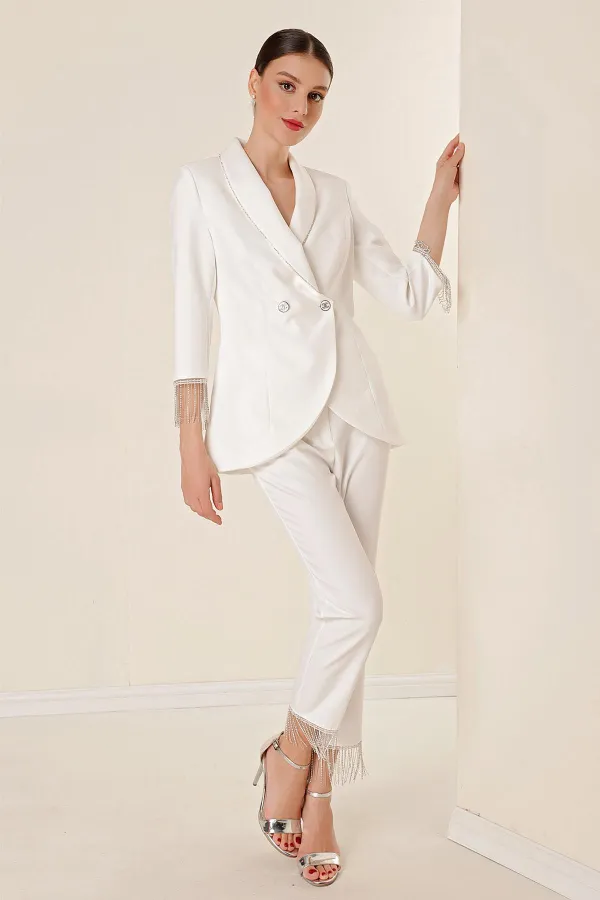 2-Piece Set of Lined Jacket and Pocket Trousers with Stone Chain Detail on Collar and Sleeves