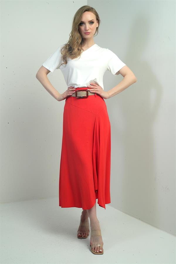 Women's Long, Loose Skirt with Belted Waist, Back Zipper, and Front Slit