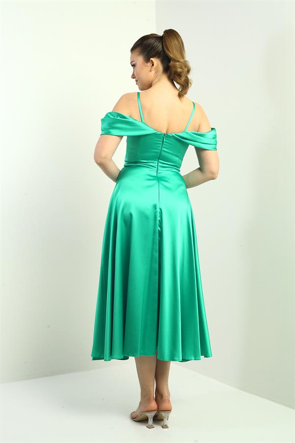 Women's Strappy Dropped Sleeve Lined Pleated Satin Flared Long Dress