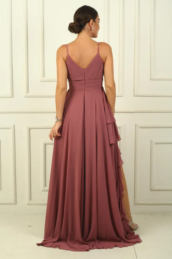 Kadın İp Askılı Yanları Yırtmaçlı Astarlı Volanlı Şifon Uzun Elbise