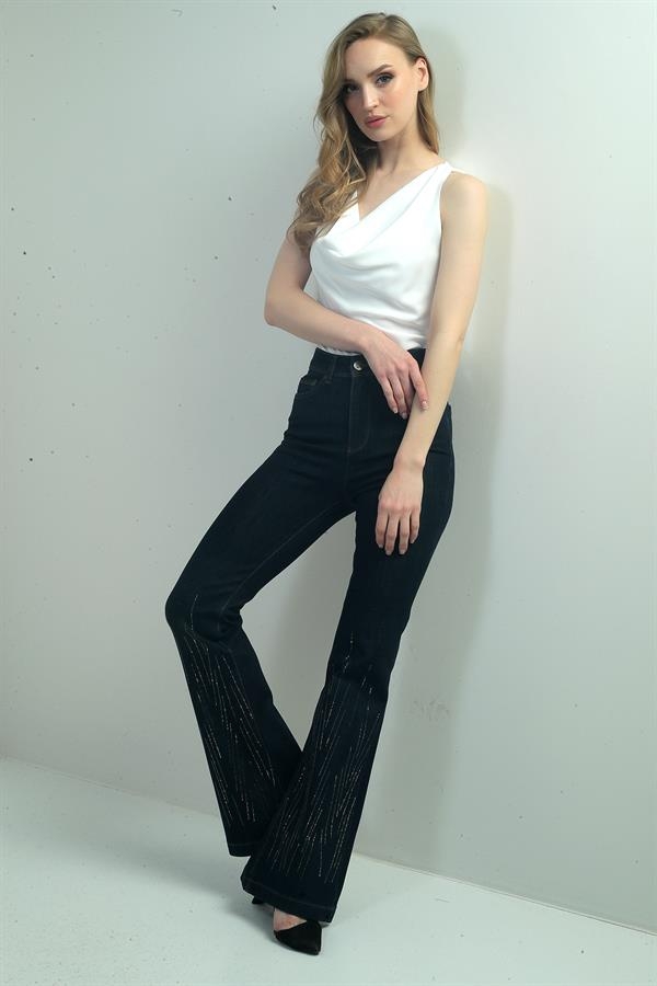 Kadın Taş Detaylı İspanyol Paça Likralı Kot Pantolon