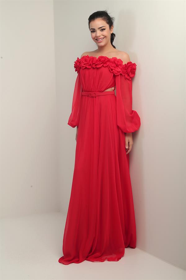 Women's Floral Madonna Neckline Belted Lined Chiffon Long Dress