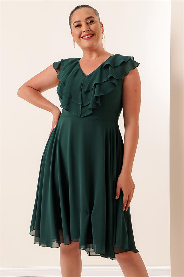 Yaka Volanlı Şifon Büyük Beden Elbise