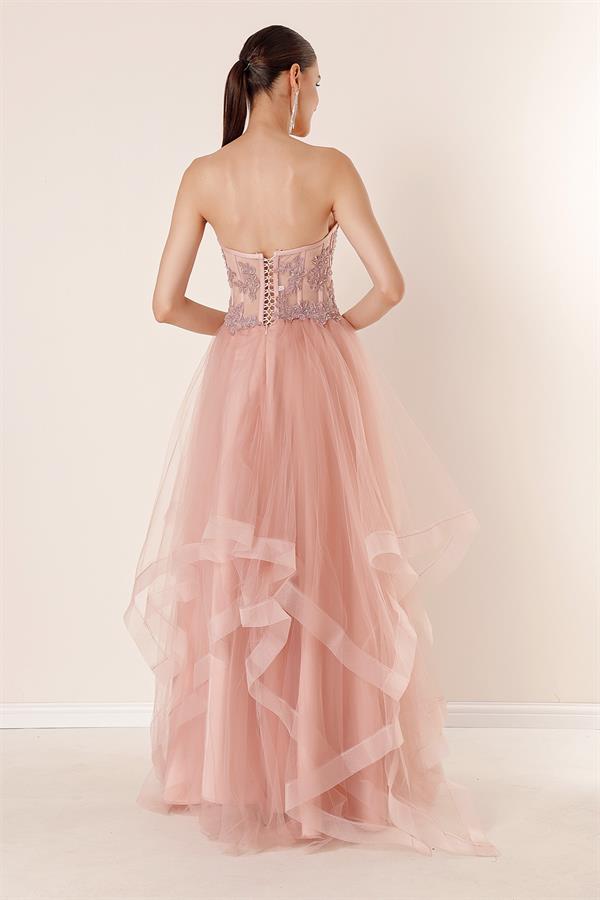 Long, Layered Tulle Taffeta Evening Dress with Beaded Embellishments
