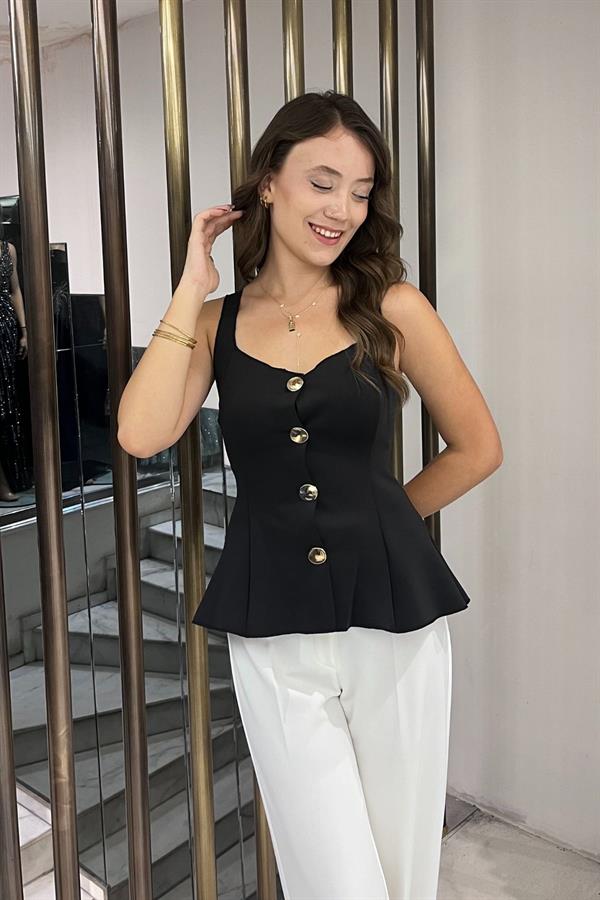 Kadın Kalın Askılı Gold Düğmeli Eteği Volanlı Likralı Dalgıç Bluz