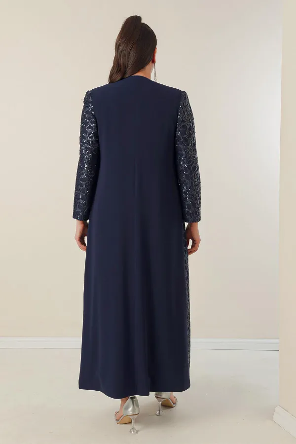 Robe longue en crêpe à manches demi-lune et devant à sequins, doublée en caftan, ensemble 2 pièces grande taille