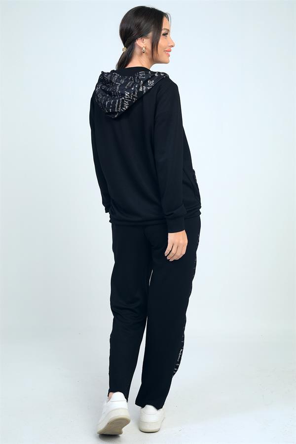 Kadın Kapüşonlu Önü Fermuarlı Cepleri Taşlı File Detaylı Hırka Beli Lastikli Pantolon Yazılı Osyho Kumaş 2'li Takım