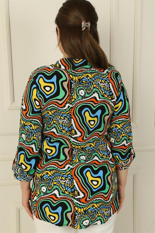 Plus Size Shirt with Geometric Pattern, Fold-Up Sleeves, and Metal Button Front