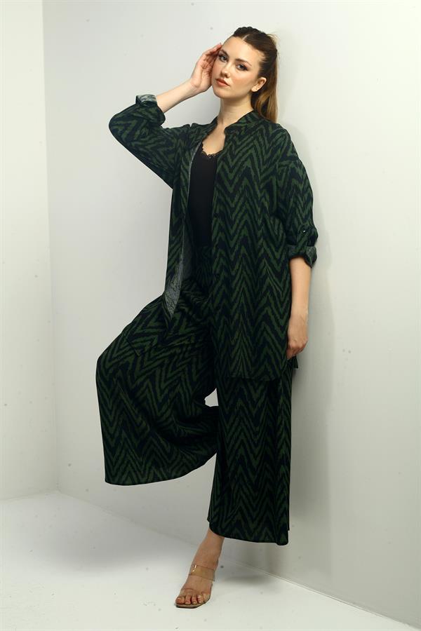 Women's Side Slit Tunic Shirt, Elastic Waist Palazzo Pants, Zigzag Pattern Oversize 2-Piece Set