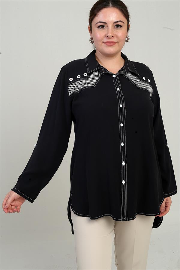 Kadın Kuş Gözlü Fileli Kol Katlamalı Büyük Beden Uzun Gömlek