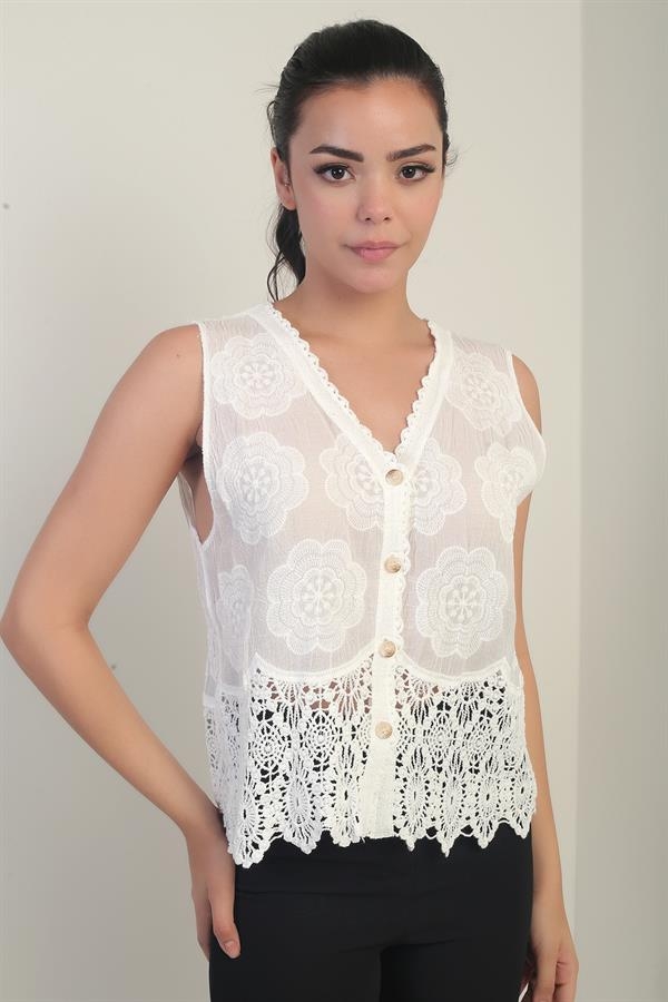 Women's V-Neck Buttoned Front Embroidered Lace Trim Vest