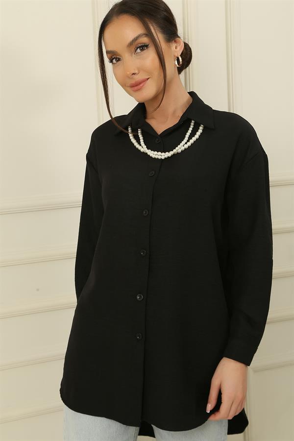 Button-front Shirt Tunic with Pearl Necklace Collar