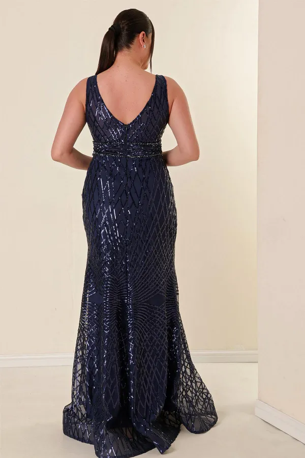 Robe longue à sequins grande taille pour femme, col en V, doublure, détails perlés
