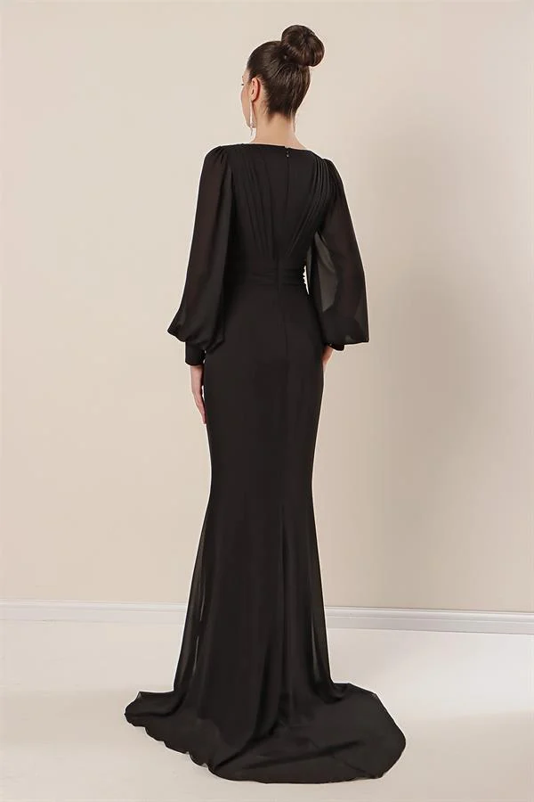 Wrap Neckline, Gathered Front, Lined Long Chiffon Dress