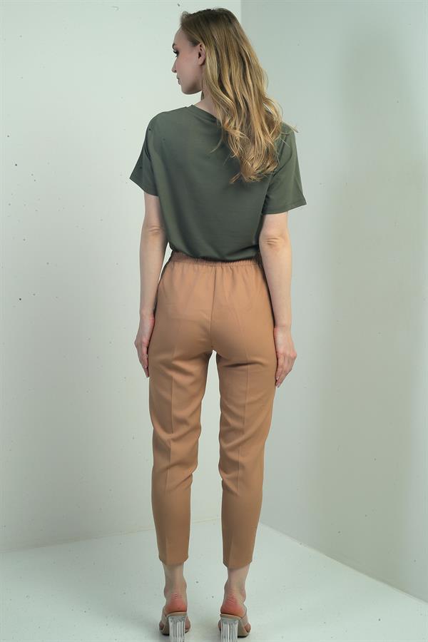 Pantalon carotte pour femme, taille élastique, poches latérales