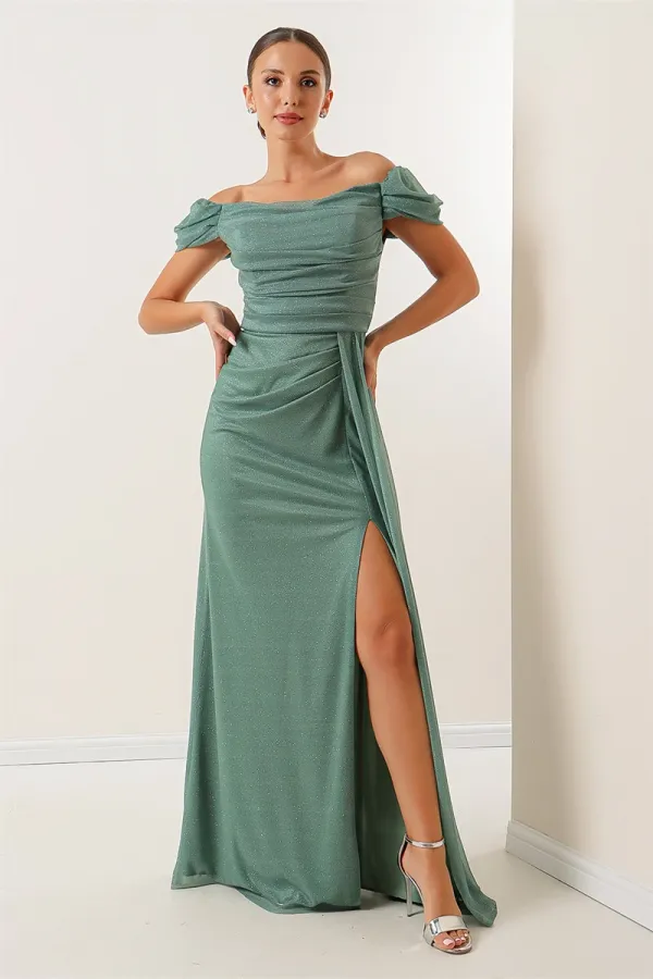 Önü Büzgülü Düşük Kol Astarlı Simli Uzun Elbise