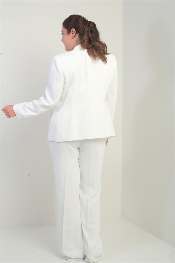 Kadın Beşgen Yaka Kolsuz Dantel Bluz Tek Düğmeli Ceket Palazzo Pantolon Astarlı Pul Detaylı Büyük Beden 3'lü Takım