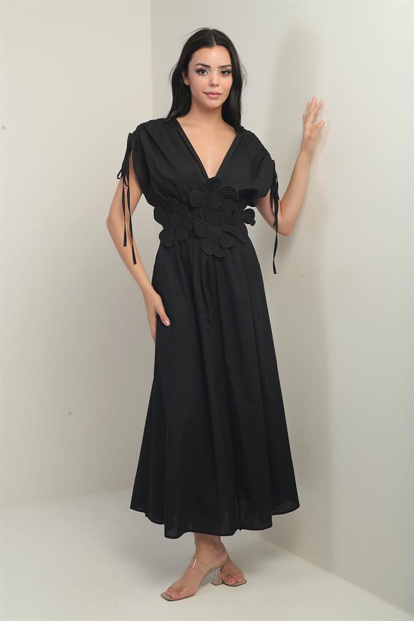 Robe longue pour femme à col en V devant et dos, manches froncées et broderies florales appliquées