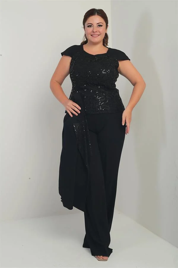 Kadın Beşgen Yaka Kolsuz Dantel Bluz Tek Düğmeli Ceket Palazzo Pantolon Astarlı Pul Detaylı Büyük Beden 3'lü Takım