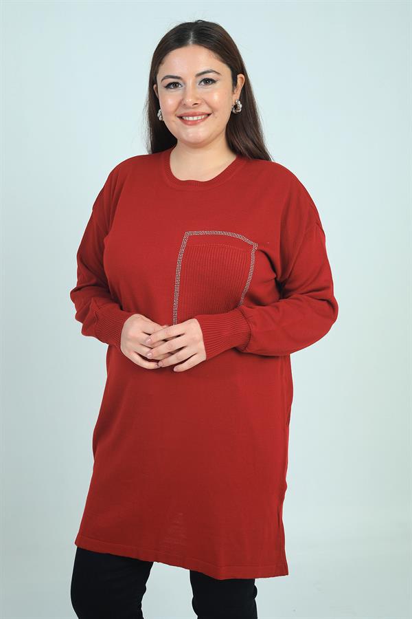 Tunique en maille grande taille pour femme, avec une poche avant et un imprimé pierre.