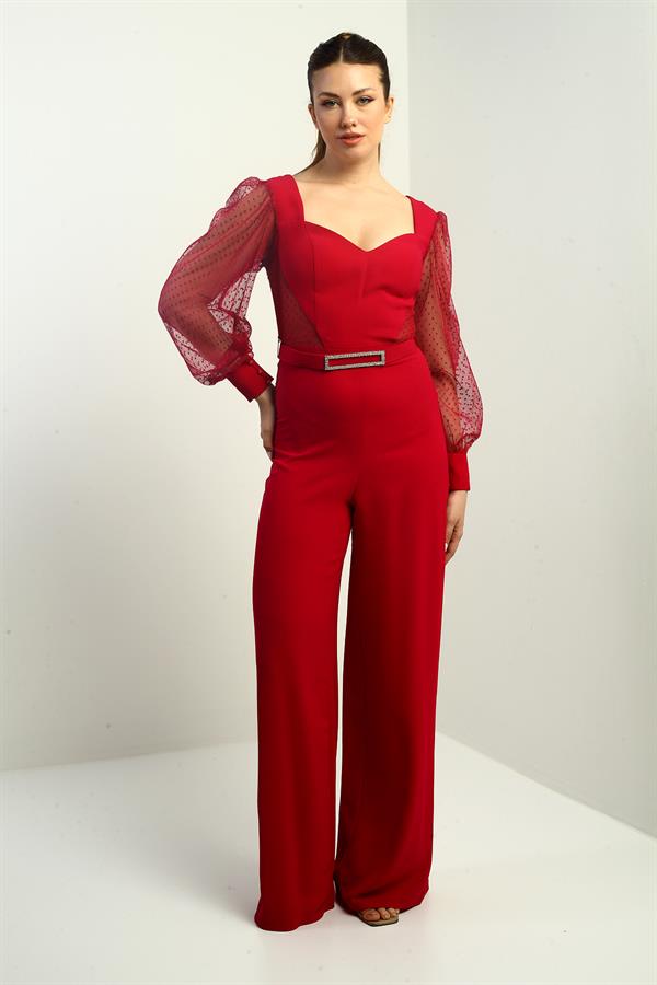 Women's Sweetheart Neckline Long Tulle Sleeved Belted Palazzo Crepe Jumpsuit