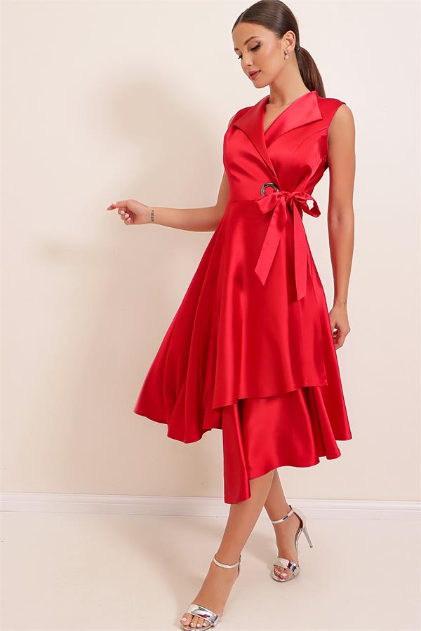 Wrap Neckline Lace-up Satin Dress