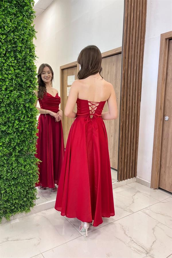 Robe midi bustier en satin organza doublée à col en V pour femme