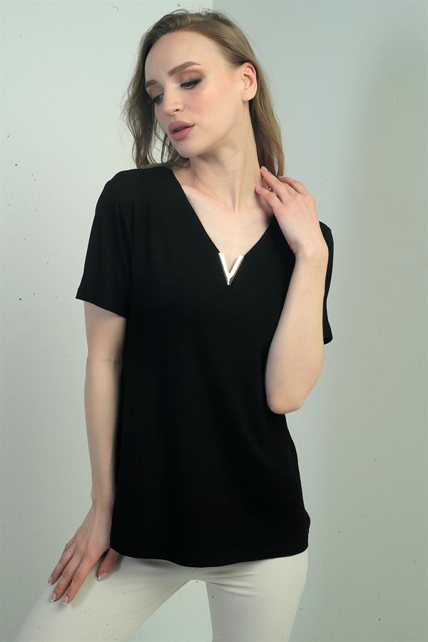 V Neck Short Sleeve Blouse with V Accessories