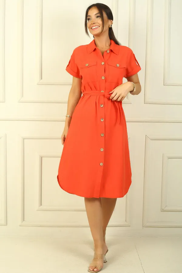 Double-pocket, button-front, belted linen-effect dress.